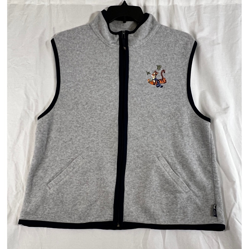 Vtg Winnie the Pooh Tigger Fleece Vest Women's Gray Zip Front Disney‎ Y2K